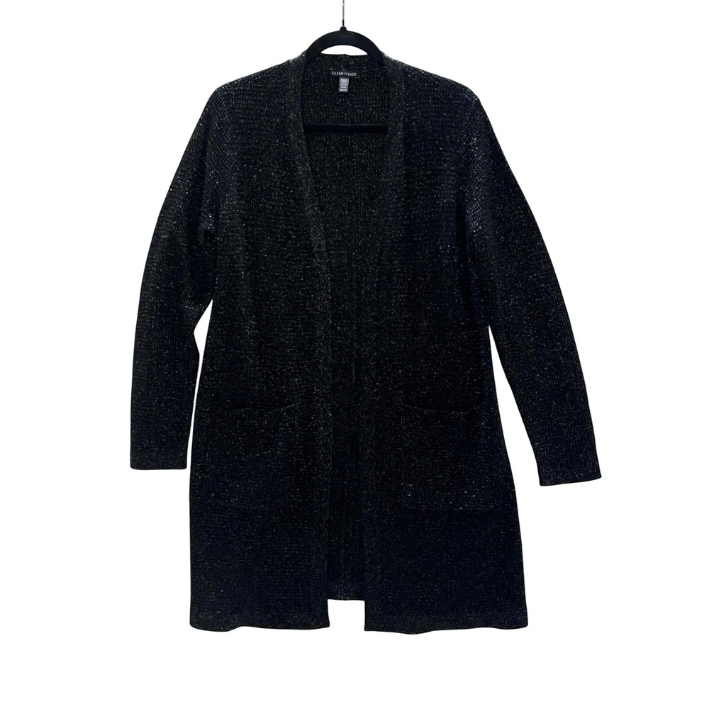 Eileen Fisher Black Metallic Knit Merino Wool Blend Open Frnt Cardigan Sweater S